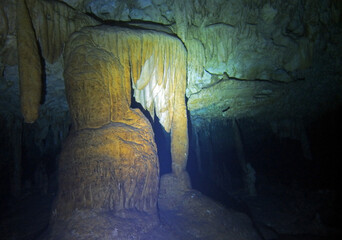 Cave formations in cenote Dreams Gate, Yucatan Peninsula, Mexico, underwater photograph 