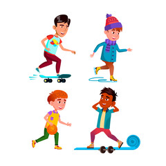 School Children Boys Sport Activity Set Vector. Schoolboys Playing Basketball And Training Fitness Exercise, Riding On Skateboard And Skates Sport. Characters Flat Cartoon Illustrations