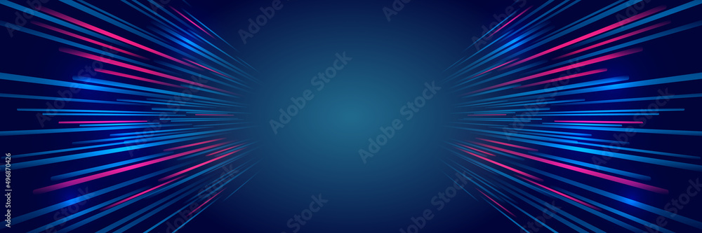 Poster Modern high-tech background for presentations and websites. Abstract background with glowing dynamic lines. Futuristic red-blue stripes in the form of a fast tunnel, moving stars.