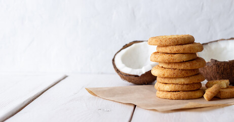 Coconut cookies on a white background. Coconuts.