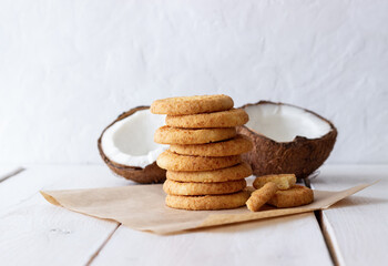 Coconut cookies on a white background. Coconuts.