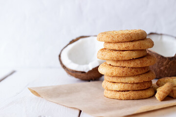 Coconut cookies on a white background. Coconuts.