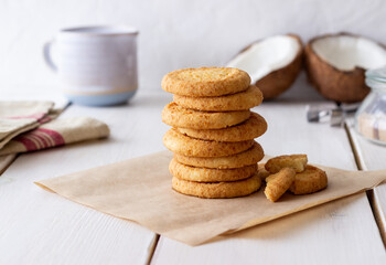 Coconut cookies on a white background. Coconuts.