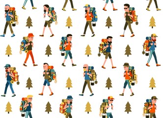 Obraz na płótnie Canvas Hikers with backpack seamless pattern. Hiking endless pattern. Vector image.
