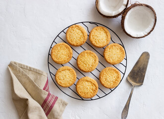 Coconut cookies on a white background. Coconuts.