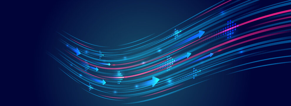 Futuristic wavy red-blue stripes with arrows. Modern high-tech background for presentations and websites. Abstract background with glowing dynamic lines.