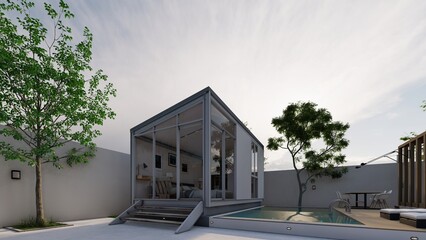 industrial tiny house with swimming pool 3d illustration - obrazy, fototapety, plakaty