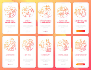 Naklejka premium Complaints about medicare red gradient onboarding mobile app screen set. Walkthrough 5 steps graphic instructions pages with linear concepts. UI, UX, GUI template. Myriad Pro-Bold, Regular fonts used
