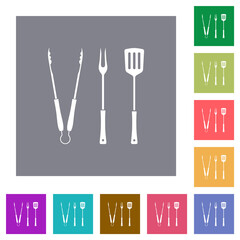 Barbecue tongs and fork and spatula solid square flat icons
