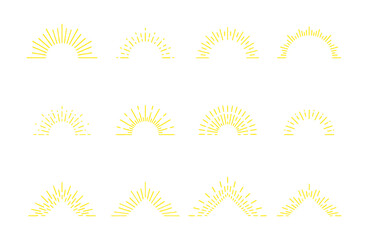 isolated gold doodle sun rays, a set of vintage hand-drawn design elements, halves of the rising sun, explosion, fireworks, vector illustration for logo, emblem, tag, stamp, banner