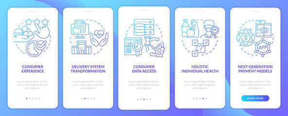 Medical management troubles blue gradient onboarding mobile app screen. Walkthrough 5 steps graphic instructions pages with linear concepts. UI, UX, GUI template. Myriad Pro-Bold, Regular fonts used