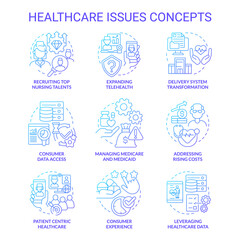 Healthcare issues blue gradient concept icons set. Expanding telehealth idea thin line color illustrations. Managing medicare. Isolated symbols. Roboto-Medium, Myriad Pro-Bold fonts used