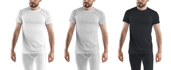 Set of white, black amd grey heather mockup  compression pants and  t-shirt on a sporty man with a...