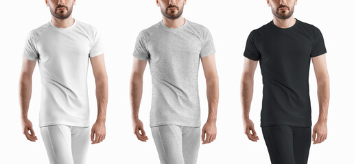 Set of white, black and grey heather mockup  tracksuit template, shorts with underpants compression...
