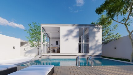 modern tiny house with swimming pool 3d illustration - obrazy, fototapety, plakaty