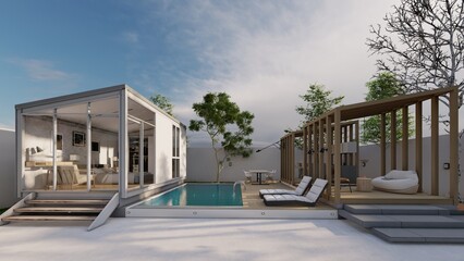 modern tiny house with swimming pool and living room, wooden deck, kitchen, and dinning room 3d illustration