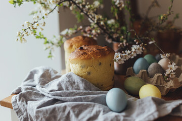 Happy Easter! Homemade easter bread, natural dyed eggs and spring blossom on rustic table in room. Freshly baked easter cake, traditional ukrainian bun