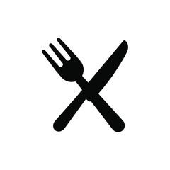 Cross Fork and Knife flat black illustration isolated.Elegant restaurant map marker icon.Food icon.