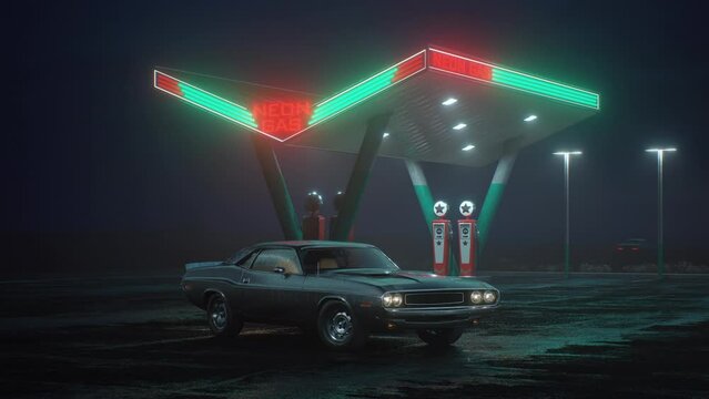 Neon gas station and retro car. Cyberpunk fog rain and night. Colour reflections on asphalt. Dodge challenger. 3d illustration.	