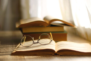 Open book and reading glasses on the table, illuminated by sunlight. Stack of vintage books in the...