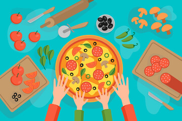 Child with his mother makes delicious Italian pizza from dough, olives, tomato, pepper, salami sausages, lettuce. 
Entertainment for kids with his parents. Cooking at a pizzeria, cafe or restaurant. 
