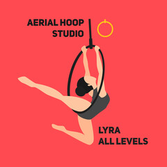 Silhouettes of a gymnast in the hoop (LYRA). Air gymnastics concept. Aerial yoga, woman doing some acrobatic elements flying ring. Flat retro vintage style. The logo for fit studio.  © Mari_Piman