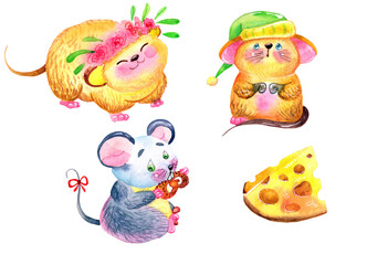 set of watercolor illustrations cartoon mouse, clipart