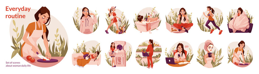 Set of scenes from young woman everyday life. Young girl eats, works, goes in for sports, walking the dog, brushing his teeth, buys groceries, go bath, cooks dinner, reads a book. Everyday routine.
