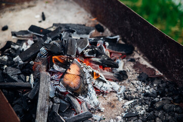 A brightly burning bonfire with a red flame made from wood in an outdoor grill.An adventurous...