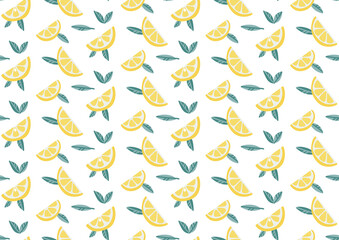 Lemon fruit slices with leaves seamless pattern on white background. Exotic tropical background. Summer flat vector illustration for textile, wrapping paper. Detox concept