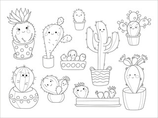 Vector illustration childrens coloring page with cute cactuses set. Outline on a white background.