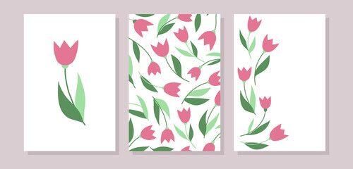 Fototapeta na wymiar Blooming pink tulip flowers on white background template. Vector set of floral invitations, greeting cards, vouchers, brochures and posters.