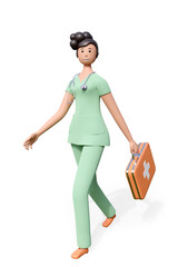 3d doctor comes and holds first aid bag. Cartoon character woman doctor wears green uniform with stethoscope. Medical concept art isolated on white background. 3d render illustration.