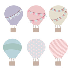 Set of balloons in the sky. Decor for the children's room balloons and derezhables. Vector illustration isolated on white background