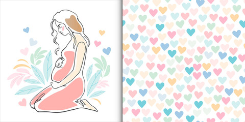 A set of cute seamless patterns. Colorful hearts and a pregnant woman. Pattern for different types of printing, multi-colored hearts, cute pattern of a pregnant woman. Cute ornament in pastel colorWeb