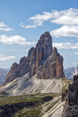Famous peaks of the Tre Cime di Lavaredo of the Sesto Dolomites, mountains in summer in South Tyrol, Alps, Alto Adige, Italy, Europe - obrazy, fototapety, plakaty