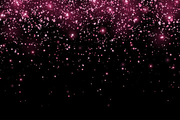 Hot pink glitter holiday confetti with glow lights on black background. Vector - obrazy, fototapety, plakaty