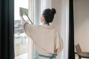 Young dark-haired woman cleaning the window