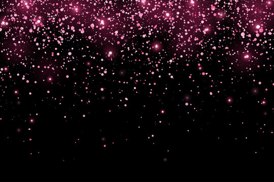 Hot pink glitter holiday confetti with glow lights on black background. Vector