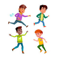 Running Kids Boys Sport Exercising Set Vector. Schoolboys Children Running On School Playground And Sportive Exercise, Jogging On Track And Late On Lesson. Characters Flat Cartoon Illustrations