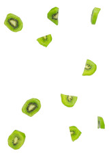 Fresh natural kiwi slices flying in the air isolated in white background