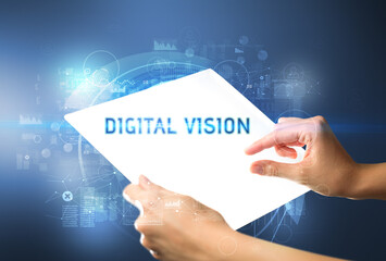 Hand holdig futuristic tablet , technology concept