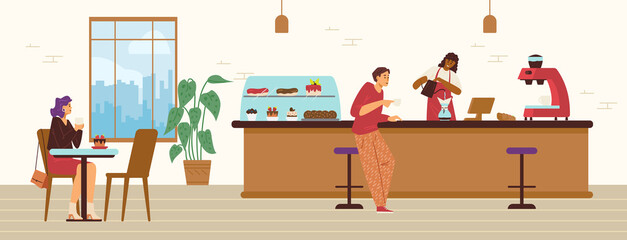 Coffee shop with barista and tables with clients, flat vector illustration.