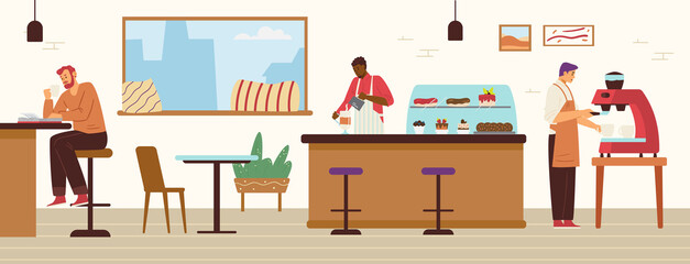 Coffee shop interior with barista making coffee and male customer reads book, flat vector illustration.