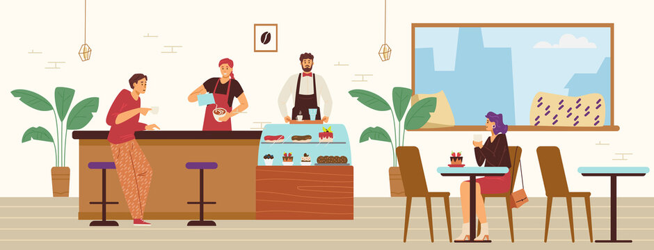 Cozy modern coffee shop with customers and barista, flat vector illustration.