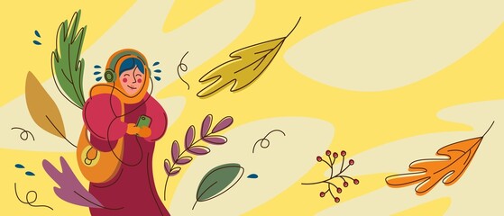 Happy girl in a big down jacket or coat and scarf listens to music on headphones. Falling autumn leaves. Modern bright simple flat illustration. Postcard, picture, cover, notebook, Calligraphy