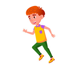 Child Boy Running With Positive Emotion Vector. Happy Caucasian Preteen Kid Running And Playing On School Playground. Character Schoolboy Sport Recreation Time Flat Cartoon Illustration