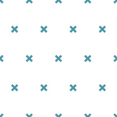 Vector shape geometric seamless pattern of turquoise x diagonal crosses on a white background.