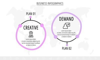 Drawn vector line infographics with 2 circles and icons. Flat chart process template with two steps. Sketch timeline for business project, presentation, web, diagram