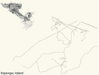 Detailed navigation black lines urban street roads map of the Icelandic regional capital city of KÓPAVOGUR, ICELAND on vintage beige background